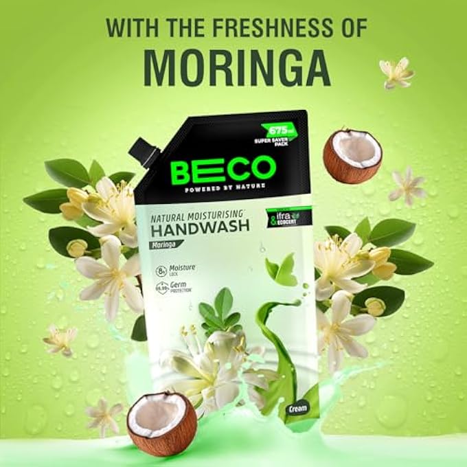 BECO غسول يد سائل مرطب - عطر المورينغا | عبوة من 2 | 675 مل | قفل رطوبة لمدة 8 ساعات | طبيعي، خالي من البارابين، خالي من المواد الكيميائية | يقضي على 99.99% من الجراثيم، آمن لجميع أنواع البشرة - Image 2